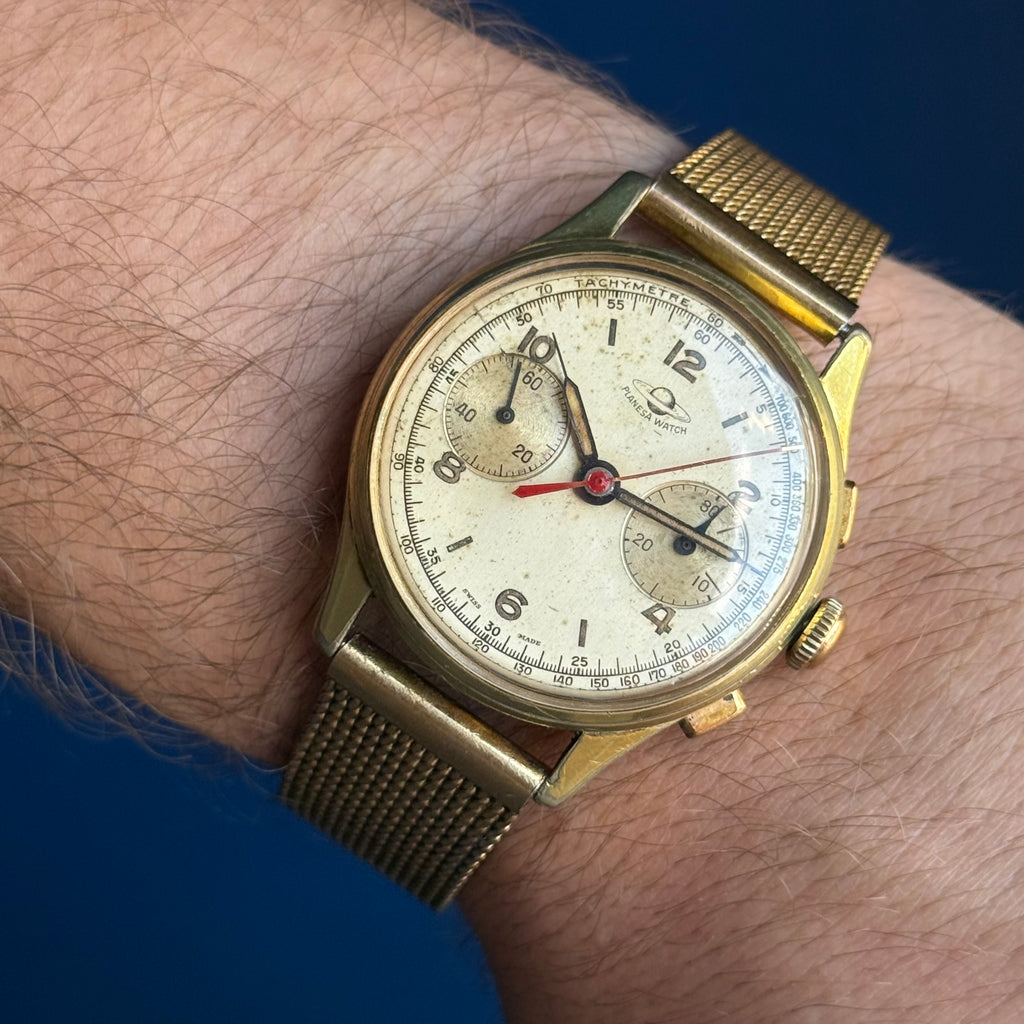 1950s Planesa Watch Men’s Swiss Chronograph Wrist Watch Gold Plated 36mm Working