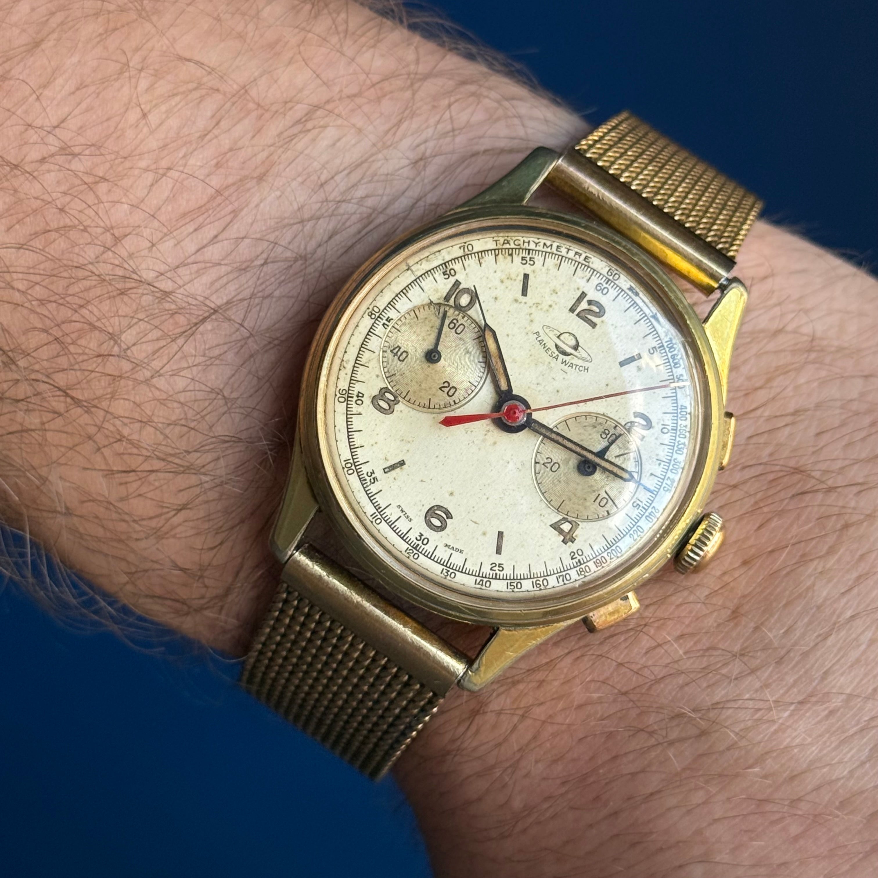 1950s Planesa Watch Men’s Swiss Chronograph Wrist Watch Gold Plated 36mm Working