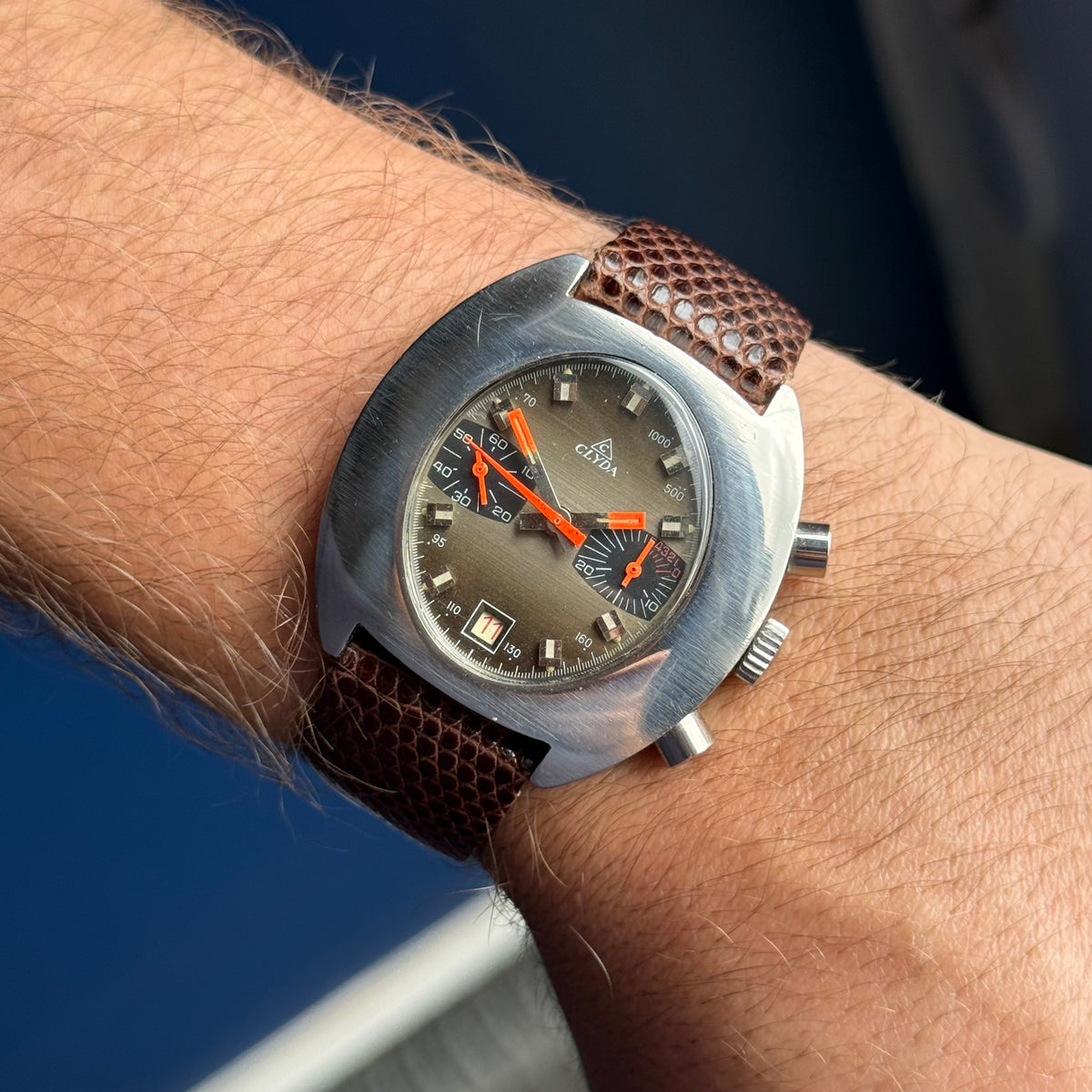 1970s Clyda men’s automatic UFO chronograph valjoux 7734 ‘roulette’ date wheel