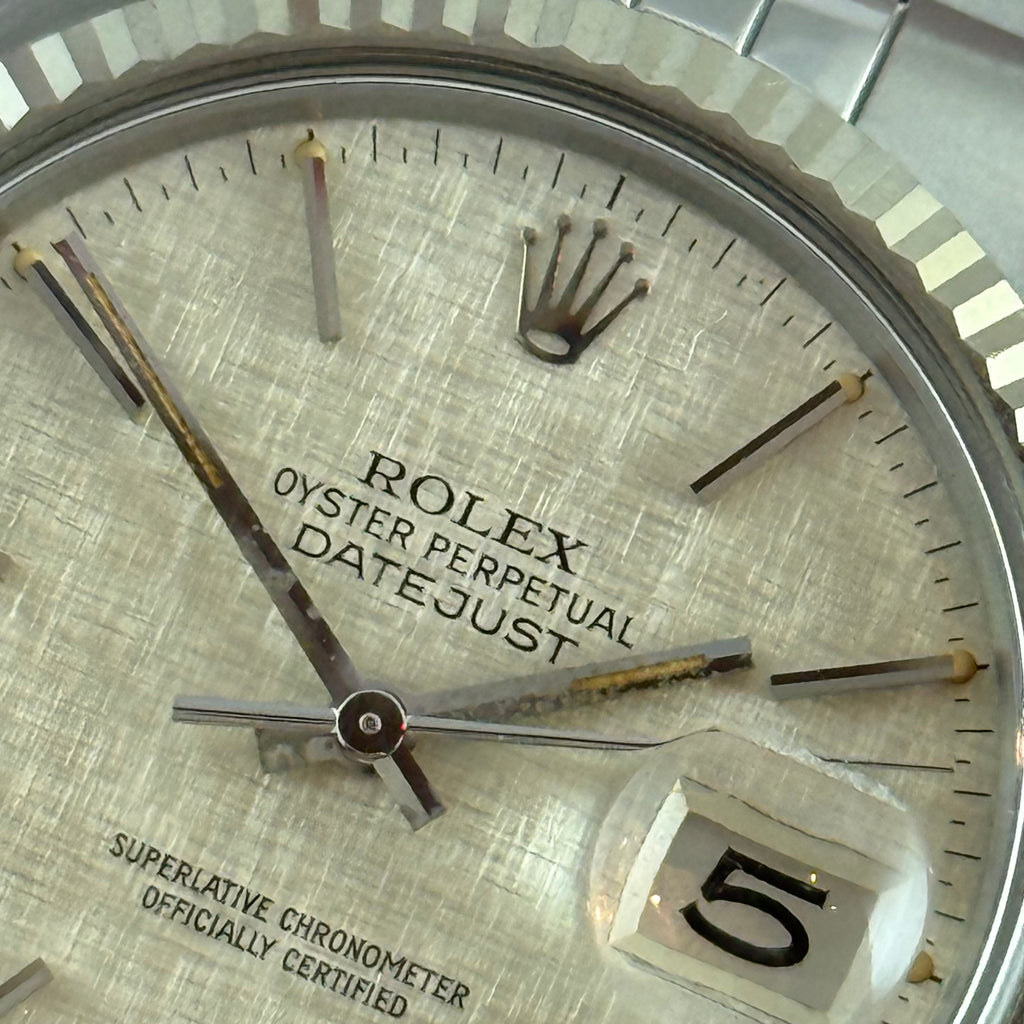 1980 ROLEX DATEJUST 36
16014 LINEN DIAL 18CT
GOLD BEZEL FULL SET