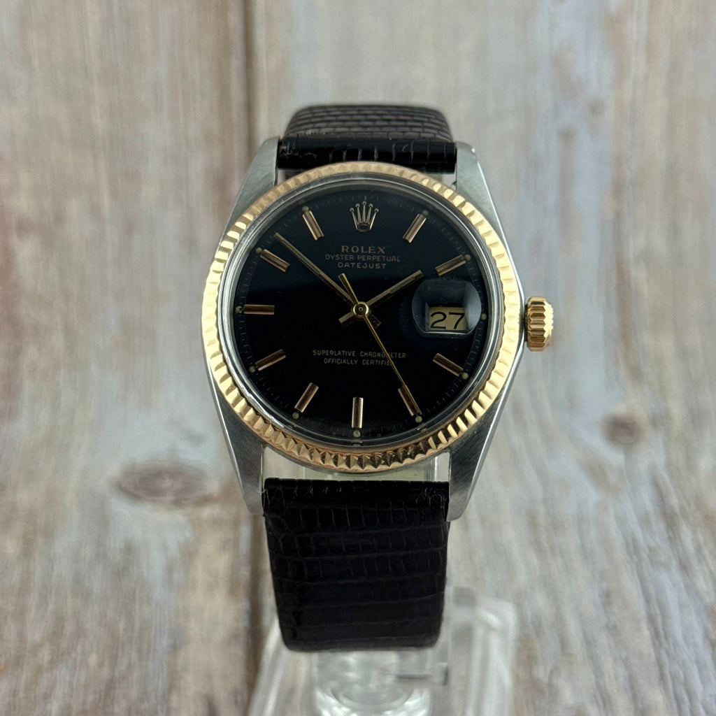 1974 Rolex Datejust 36 pink gold bi metal men’s wrist watch 1601 ‘black dial’ boxed
