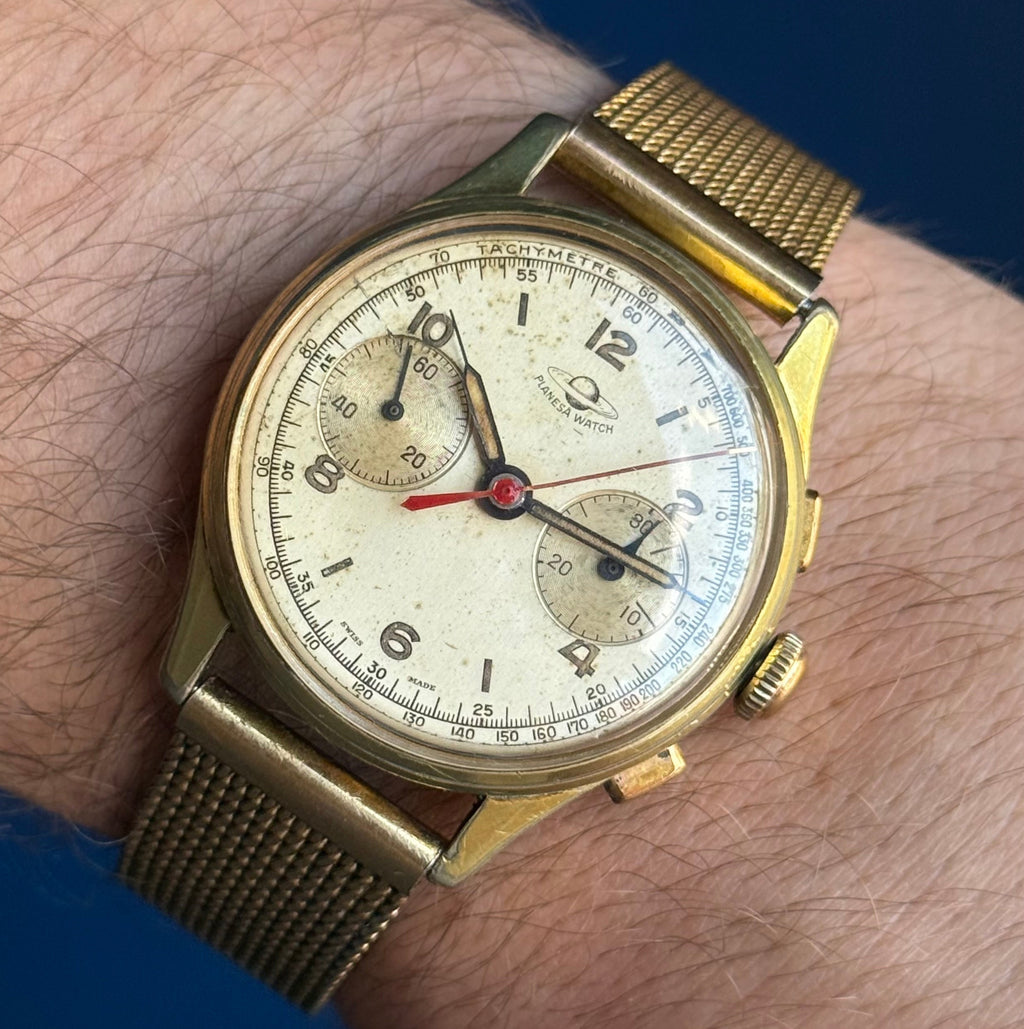 1950s Planesa Watch Men’s Swiss Chronograph Wrist Watch Gold Plated 36mm Working