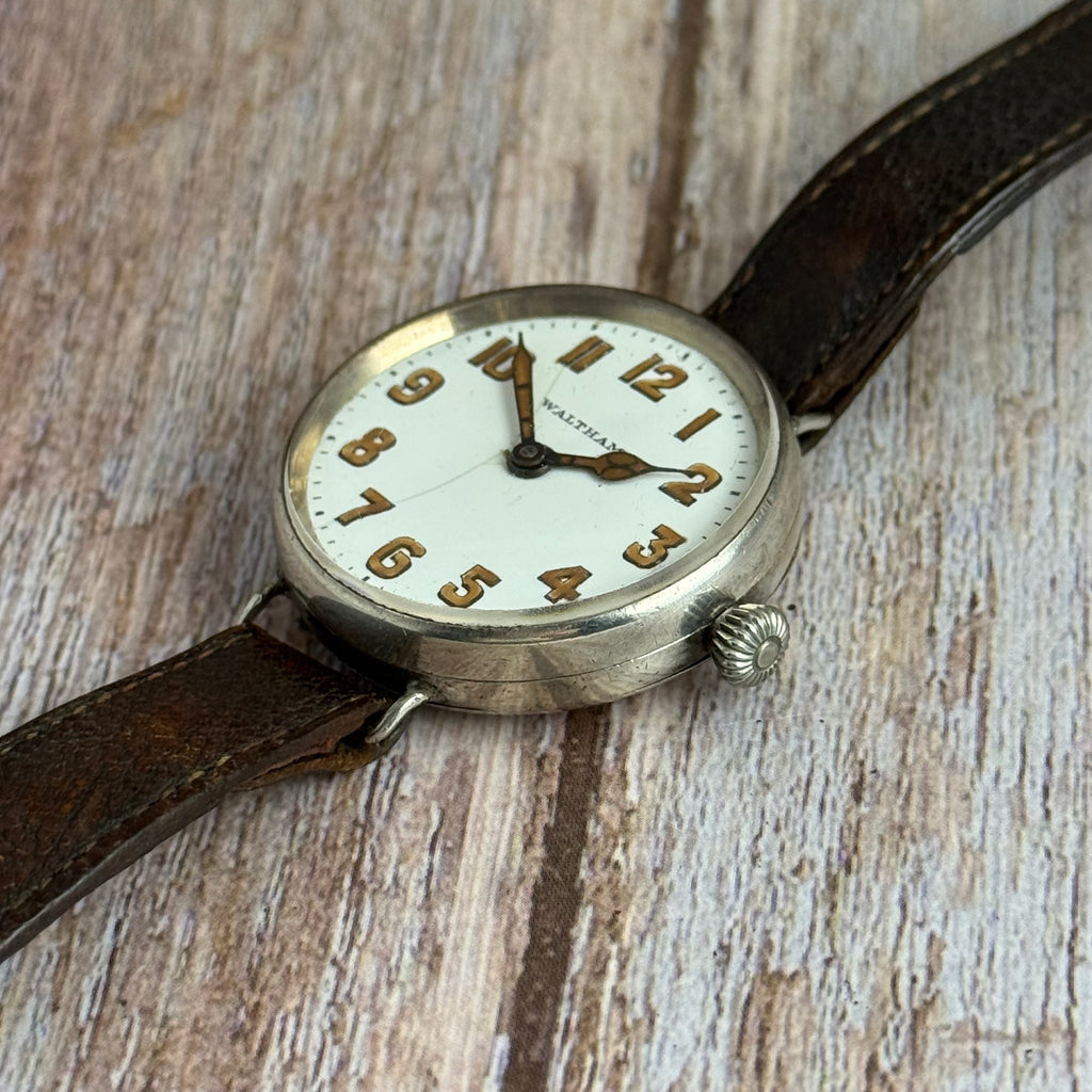 1910s Waltham Officers Trench wrist watch .925 solid silver case military style