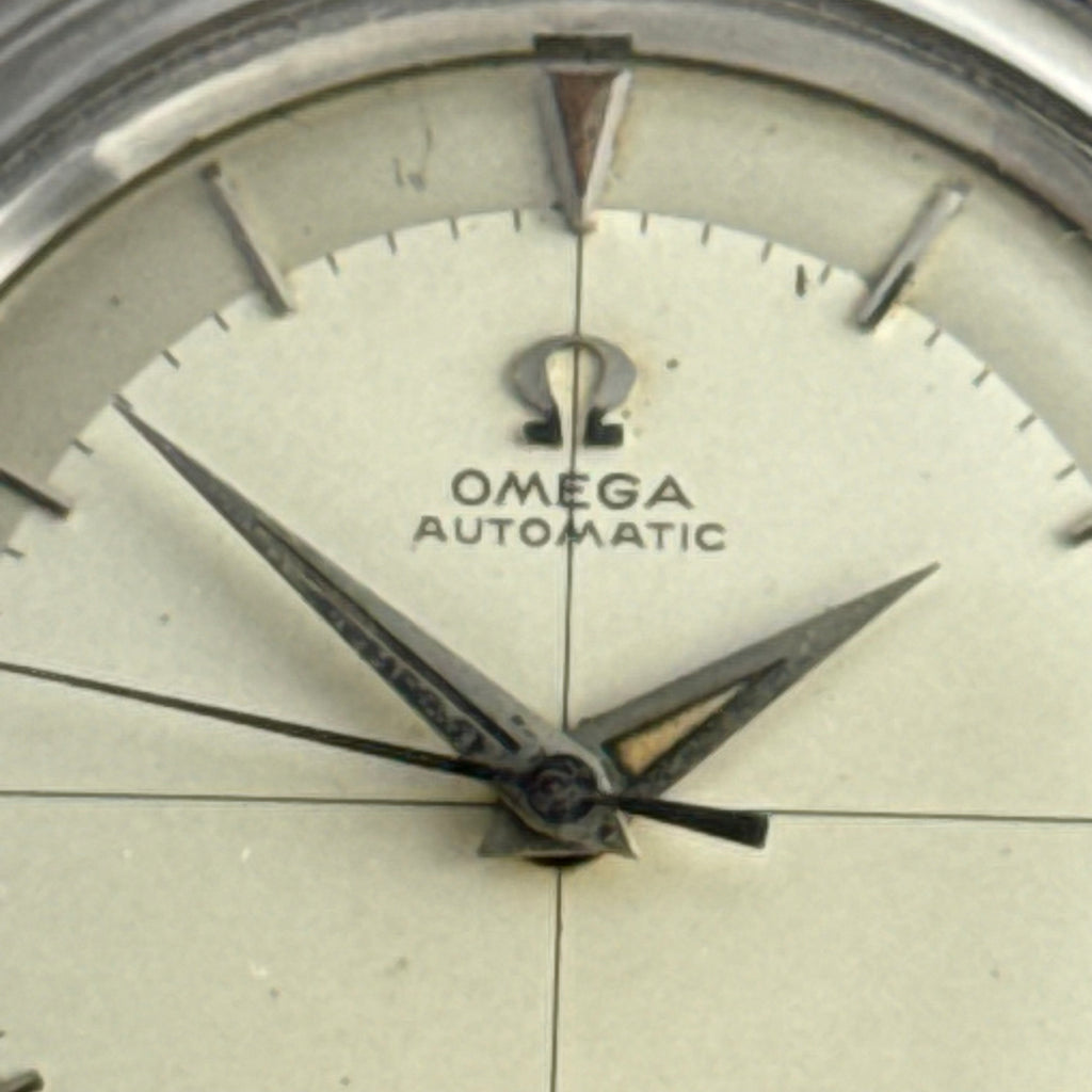 1958 Omega Seamaster automatic men’s cross-hair wrist watch two tone dial steel