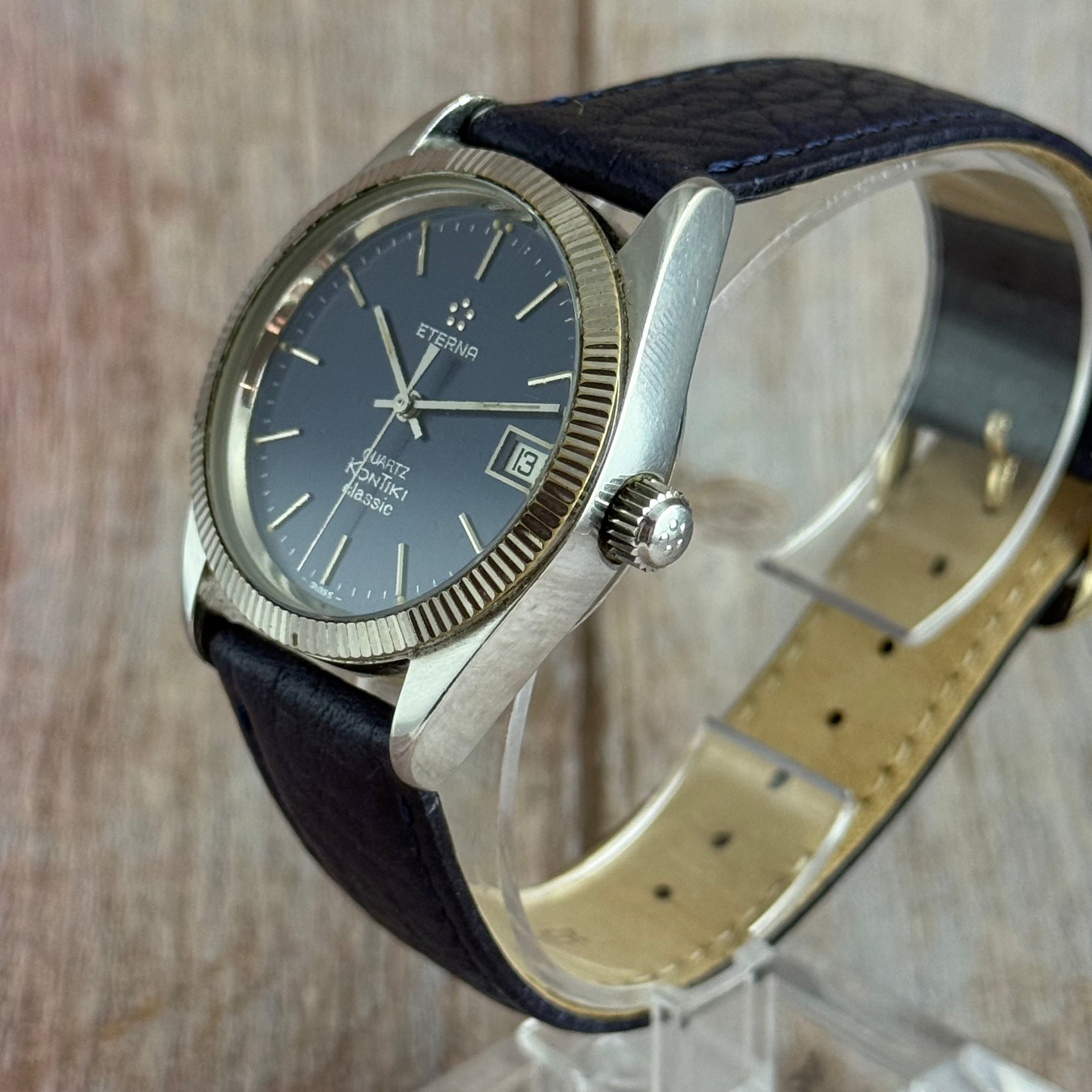 Vintage Eterna KonTiki Classic Quartz Blue Dial Men’s Watch 35mm Working