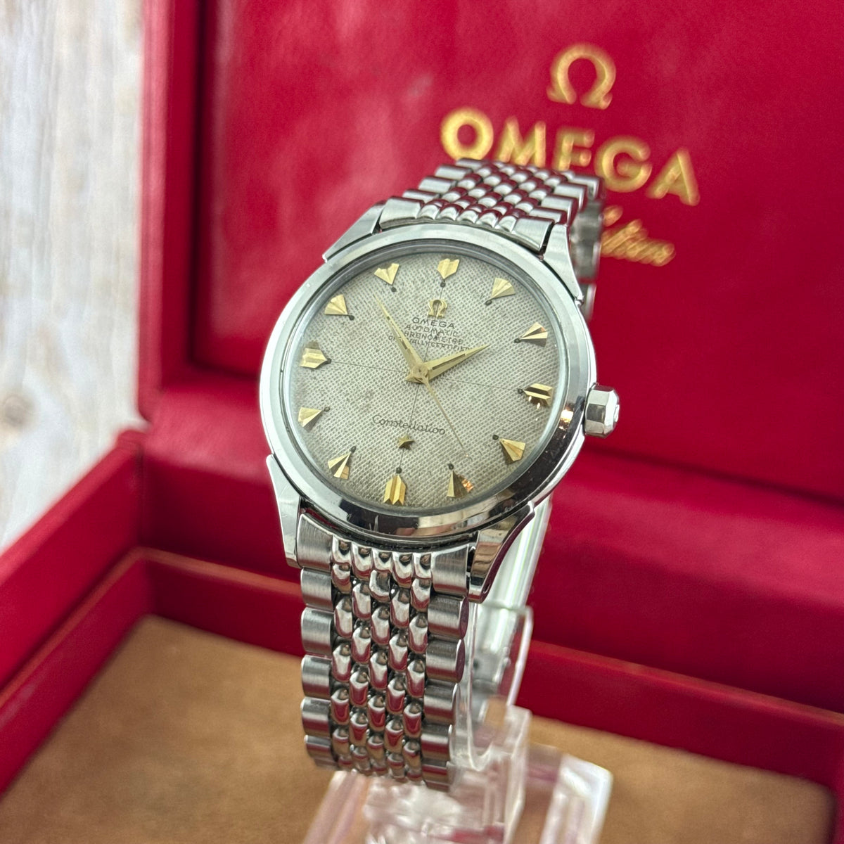 1952 Omega Constellation automatic ‘honeycomb’ dial men’s wrist watch 35mm steel boxed