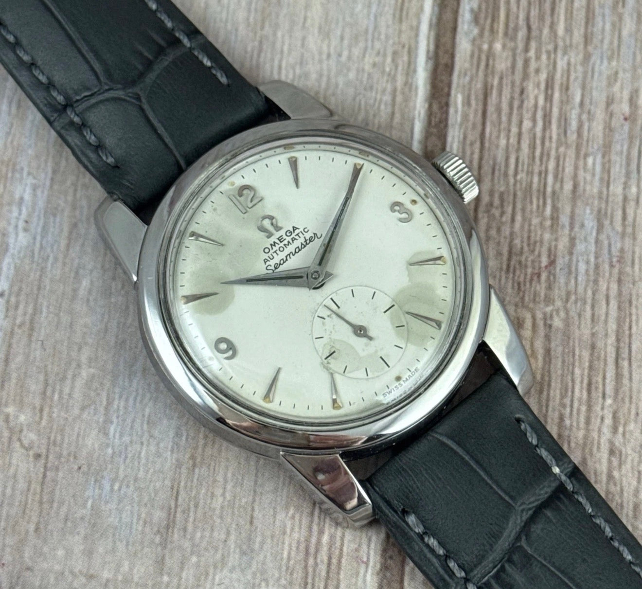 1954 Omega Seamaster Automatic Men’s Steel Wrist Watch “moon Crater” Patina Dial