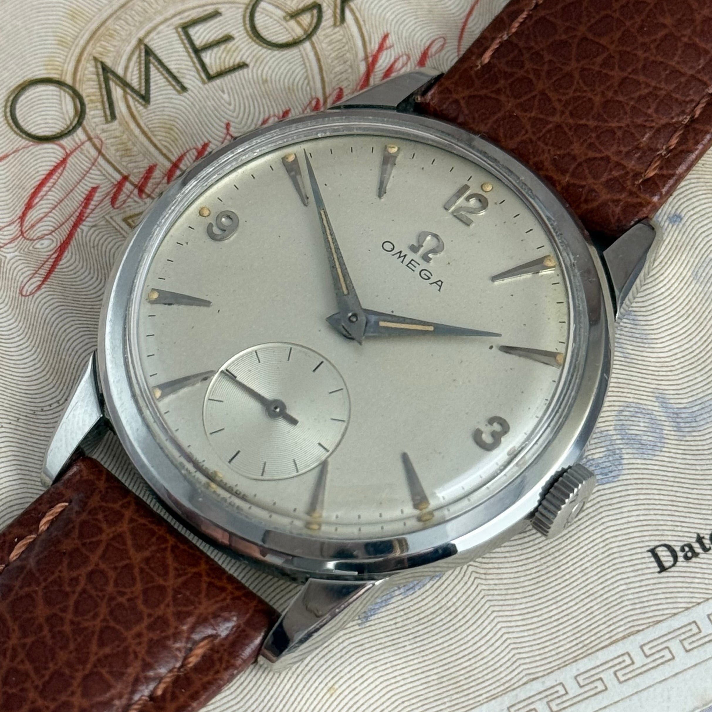 1958 Omega gentlemen’s steel wrist watch manual wind 34mm with papers ref (13332)