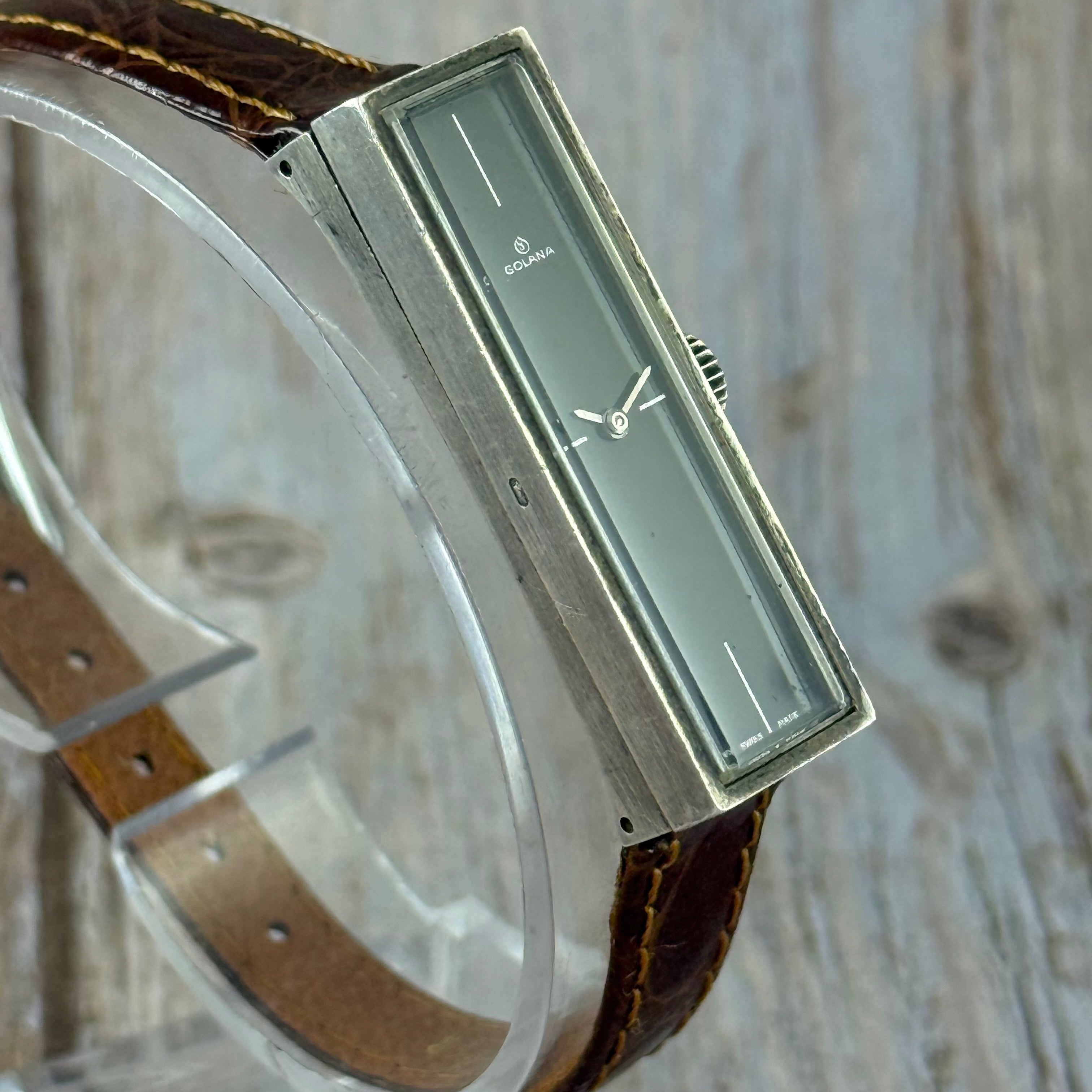 1970s .925 solid silver case Golana unisex watch manual wind ‘minimalist tank’ 12 x 40mm