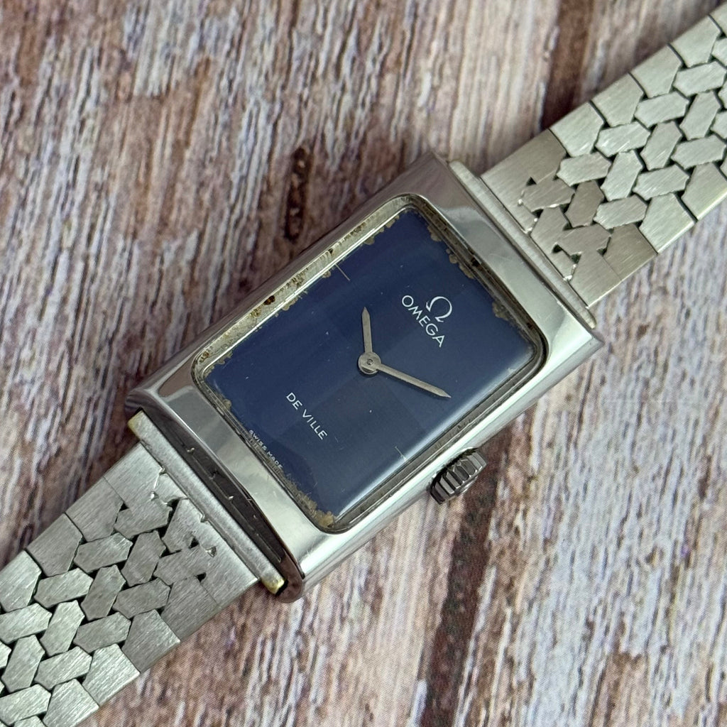1973 Omega De Ville ladies tank watch manual wind blue dial SERVICED