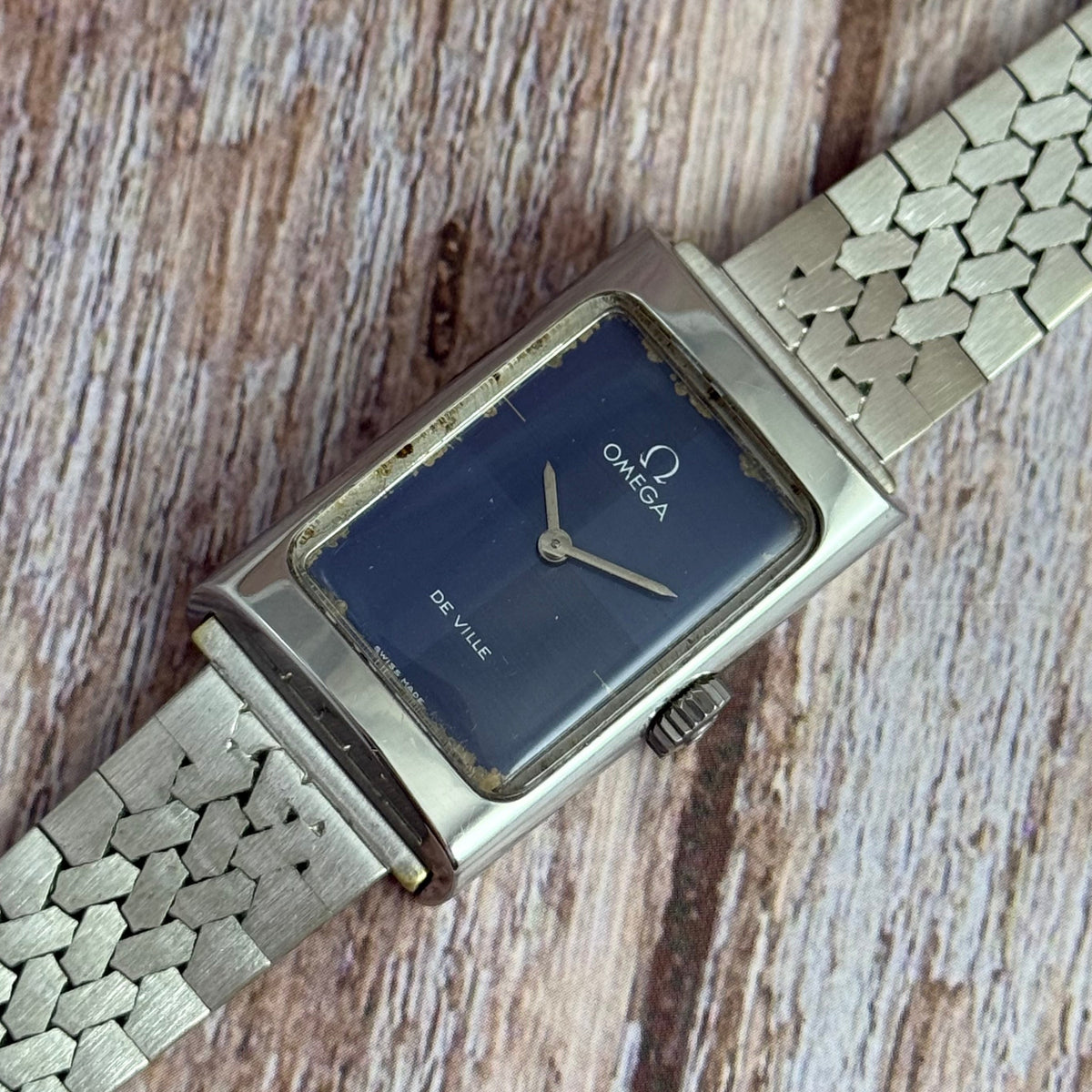 1973 Omega De Ville ladies tank watch manual wind blue dial SERVICED