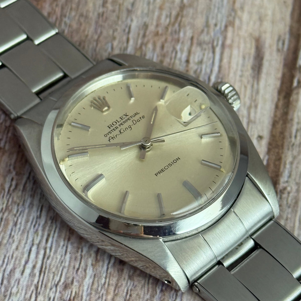 1971 Rolex Air King Date precision men’s steel automatic wrist watch 35mm (5700)