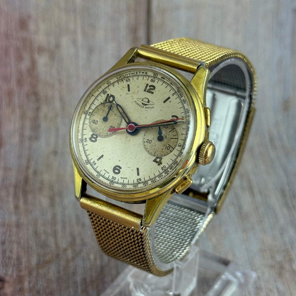 1950s Planesa Watch Men’s Swiss Chronograph Wrist Watch Gold Plated 36mm Working