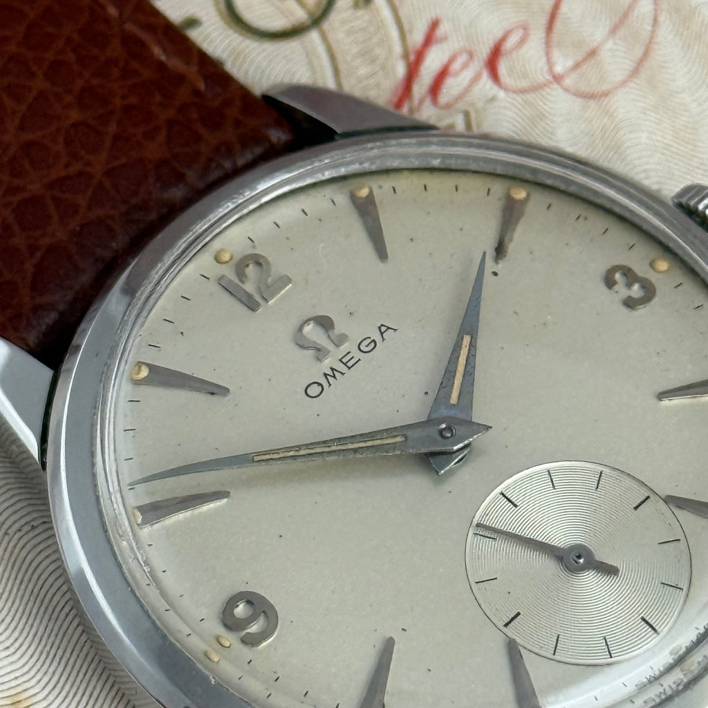 1958 Omega gentlemen’s steel wrist watch manual wind 34mm with papers ref (13332)