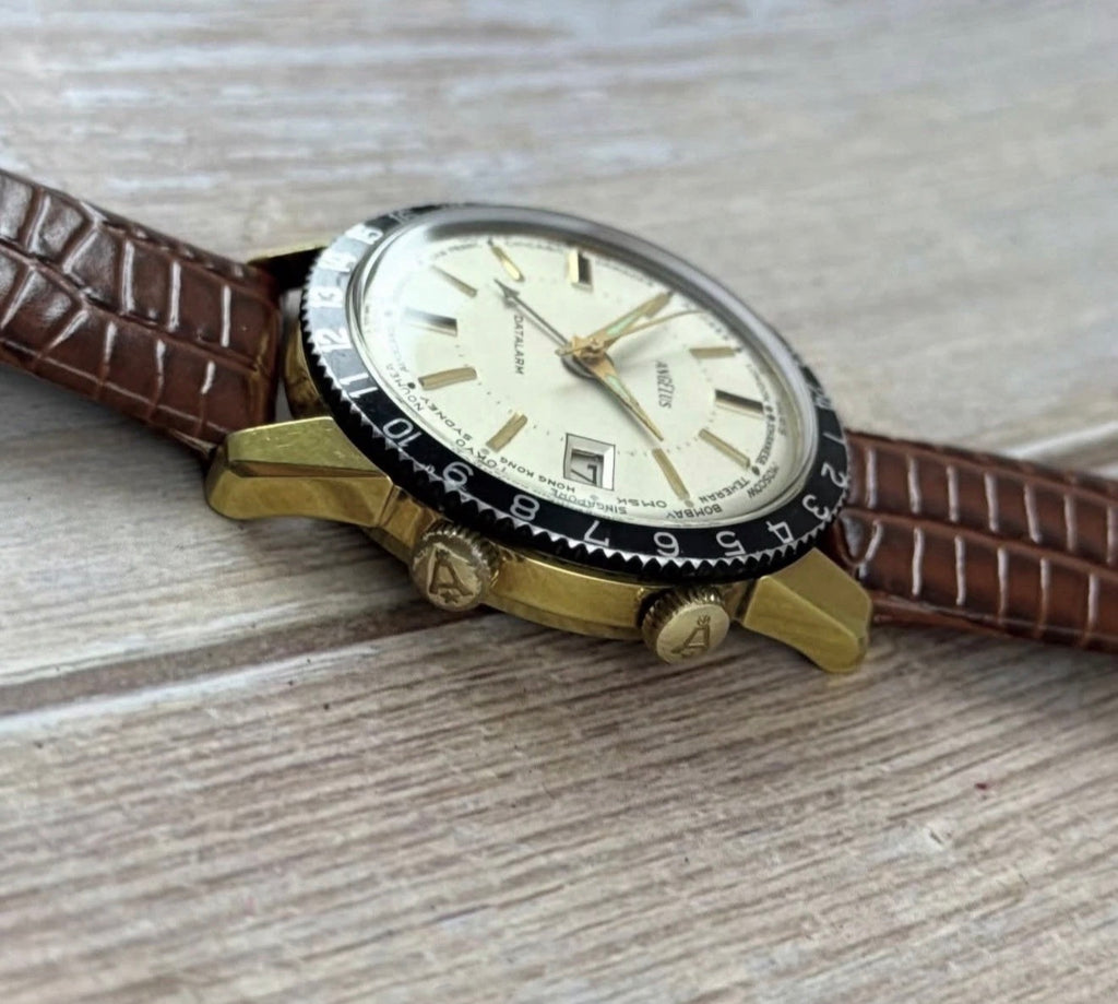 Vintage Angelus Datalarm Manual Wind Men’s World Time Watch 24hr  Bezel 35mm
