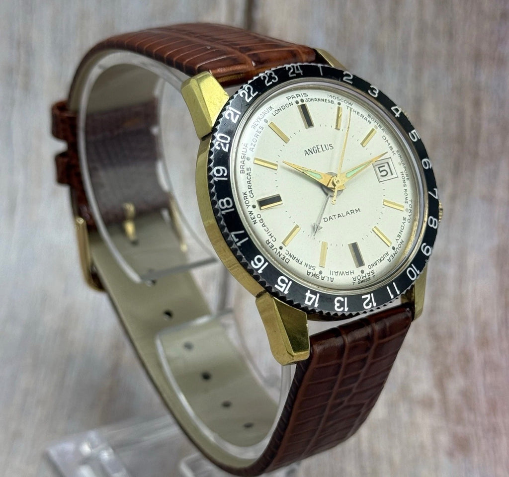 Vintage Angelus Datalarm Manual Wind Men’s World Time Watch 24hr  Bezel 35mm