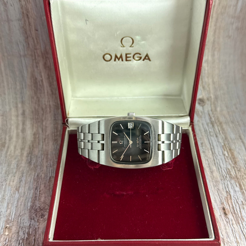 1969 Omega constellation automatic “luxury green” spider web patina gentlemen’s wrist watch 34mm (167.047) boxed