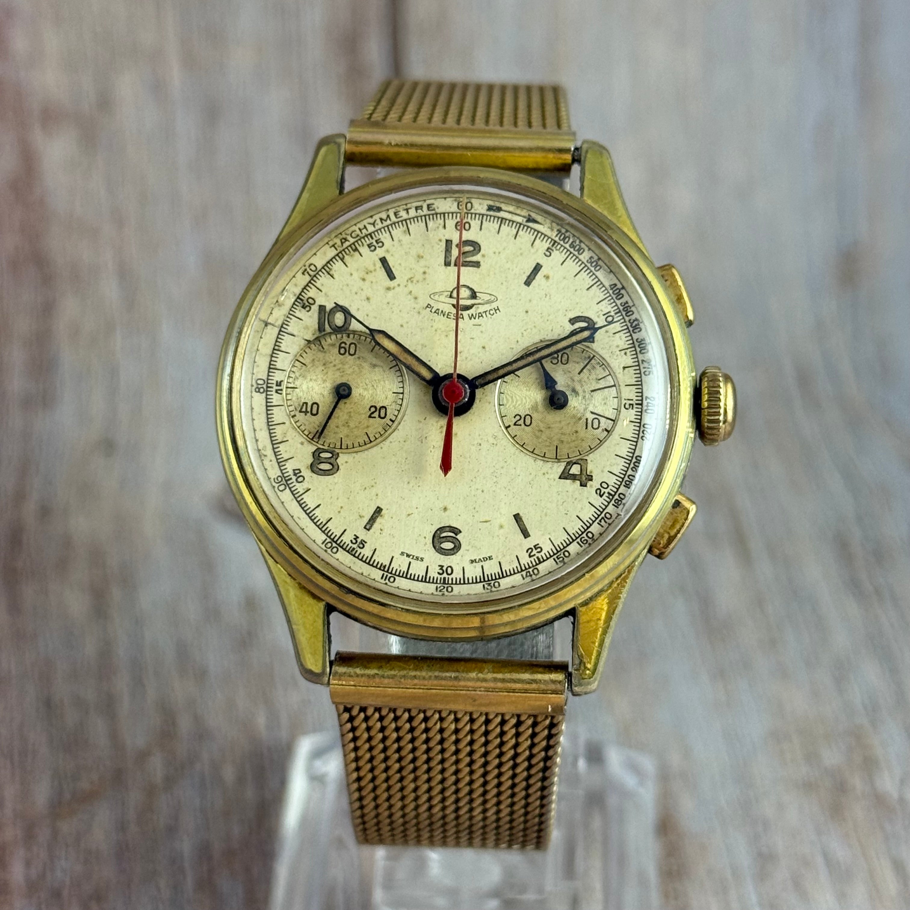 1950s Planesa Watch Men’s Swiss Chronograph Wrist Watch Gold Plated 36mm Working