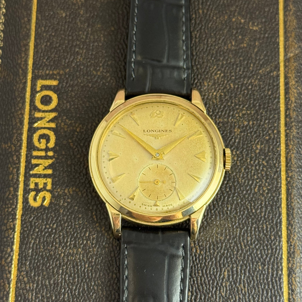 9ct gold Longines gentlemen’s manual wind wrist watch 1950s boxed