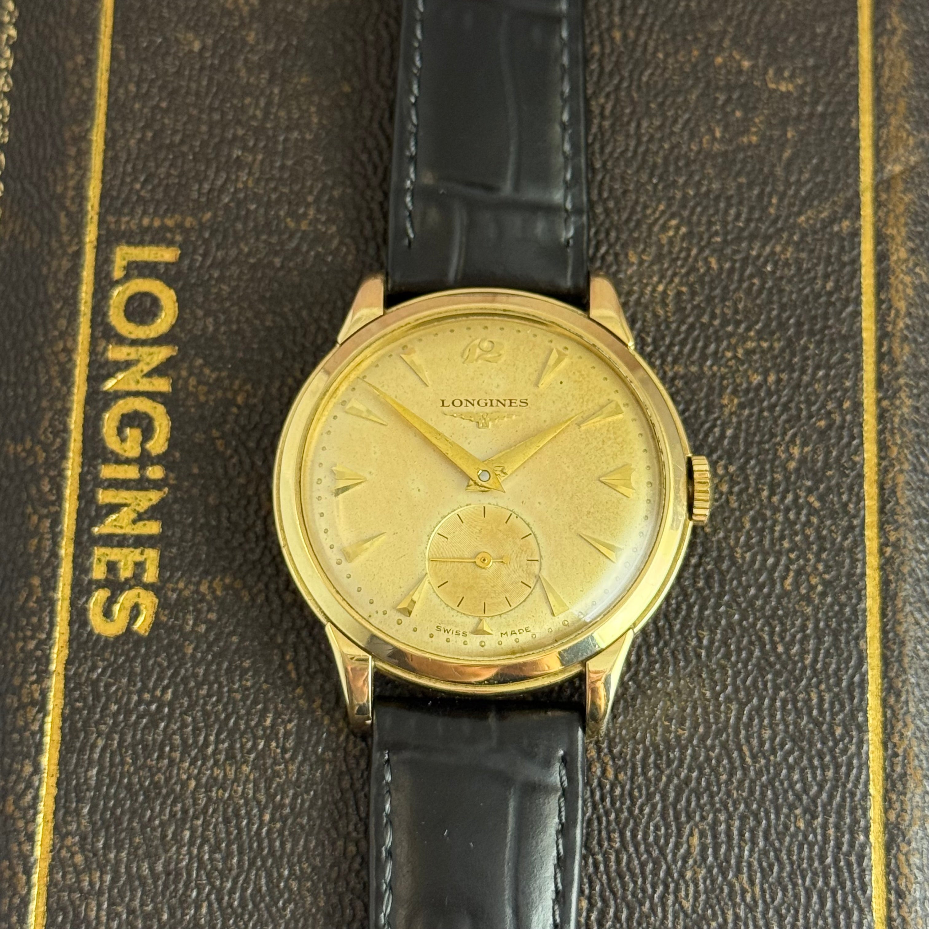 9ct gold Longines gentlemen’s manual wind wrist watch 1950s boxed