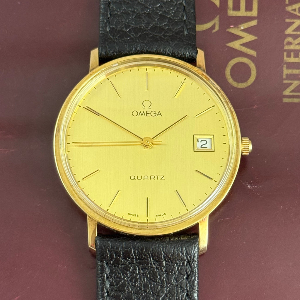 9ct solid gold Omega quartz men’s wrist watch 34mm with guarantee circa 1988
