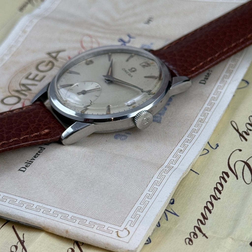 1958 Omega gentlemen’s steel wrist watch manual wind 34mm with papers ref (13332)