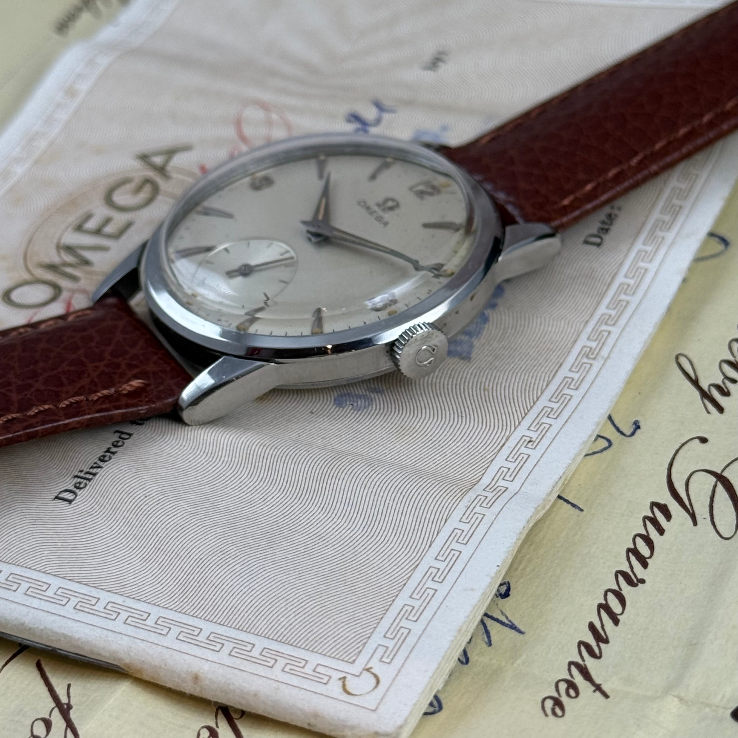 1958 Omega gentlemen’s steel wrist watch manual wind 34mm with papers ref (13332)