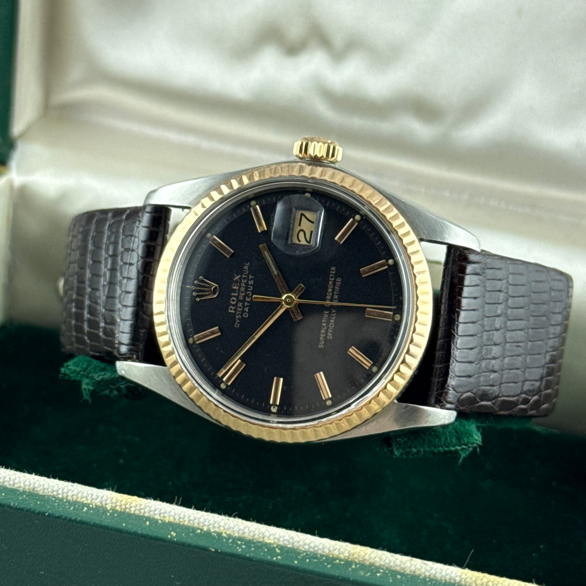 1974 Rolex Datejust 36 pink gold bi metal men’s wrist watch 1601 ‘black dial’ boxed