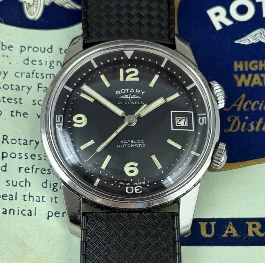 RARE VINTAGE ROTARY COMPRESSOR DIVER MEN WRISTWATCH 1960s Box & Papers 36mm