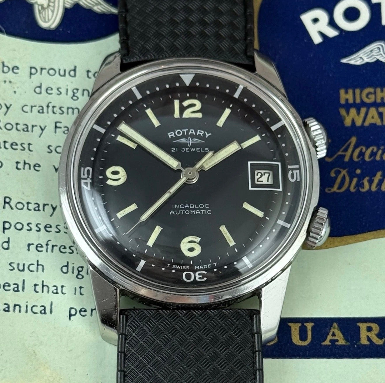 RARE VINTAGE ROTARY COMPRESSOR DIVER MEN WRISTWATCH 1960s Box & Papers 36mm