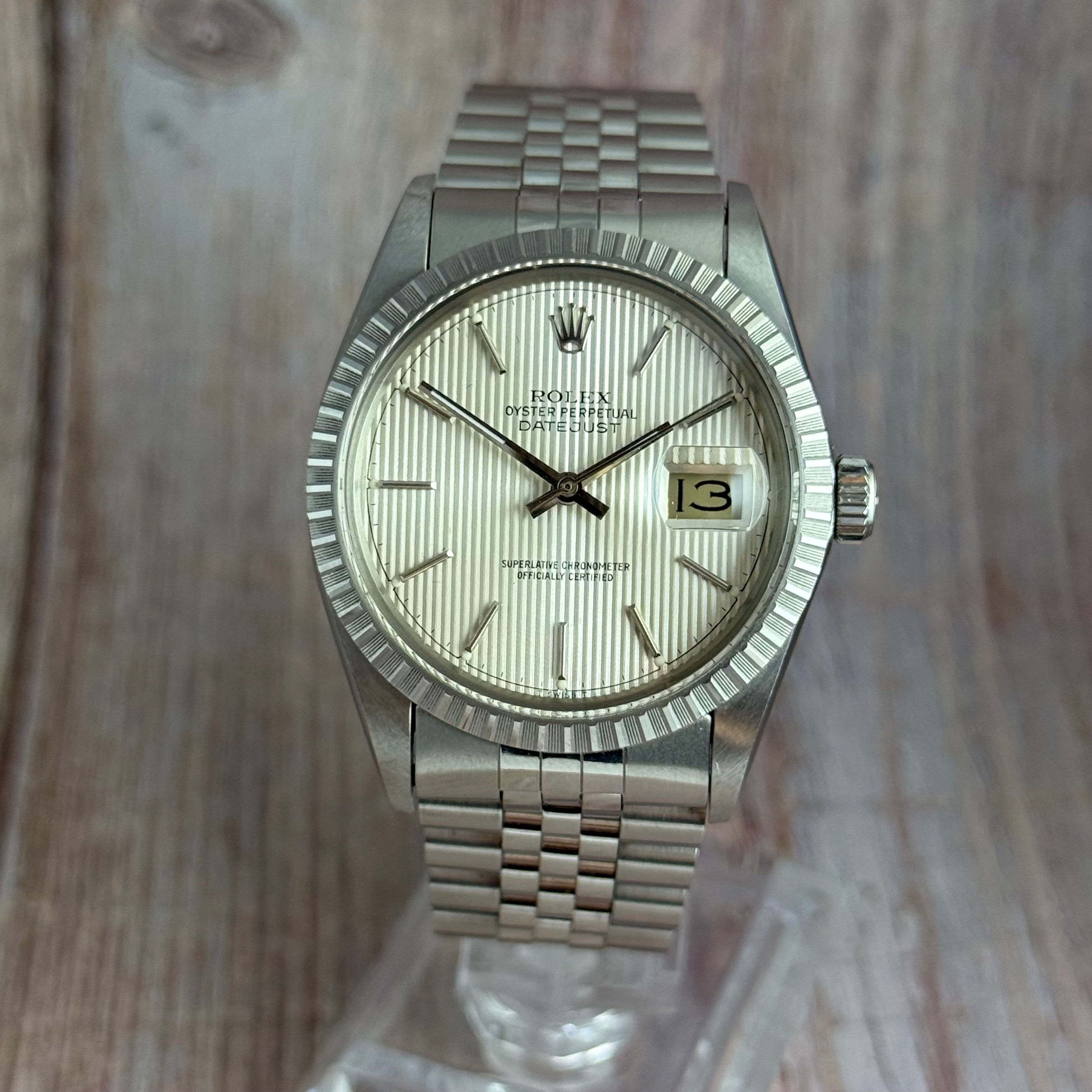 1986 Rolex Datejust 36 silver “tapestry” steel men’s watch boxed MINT CONDITION
