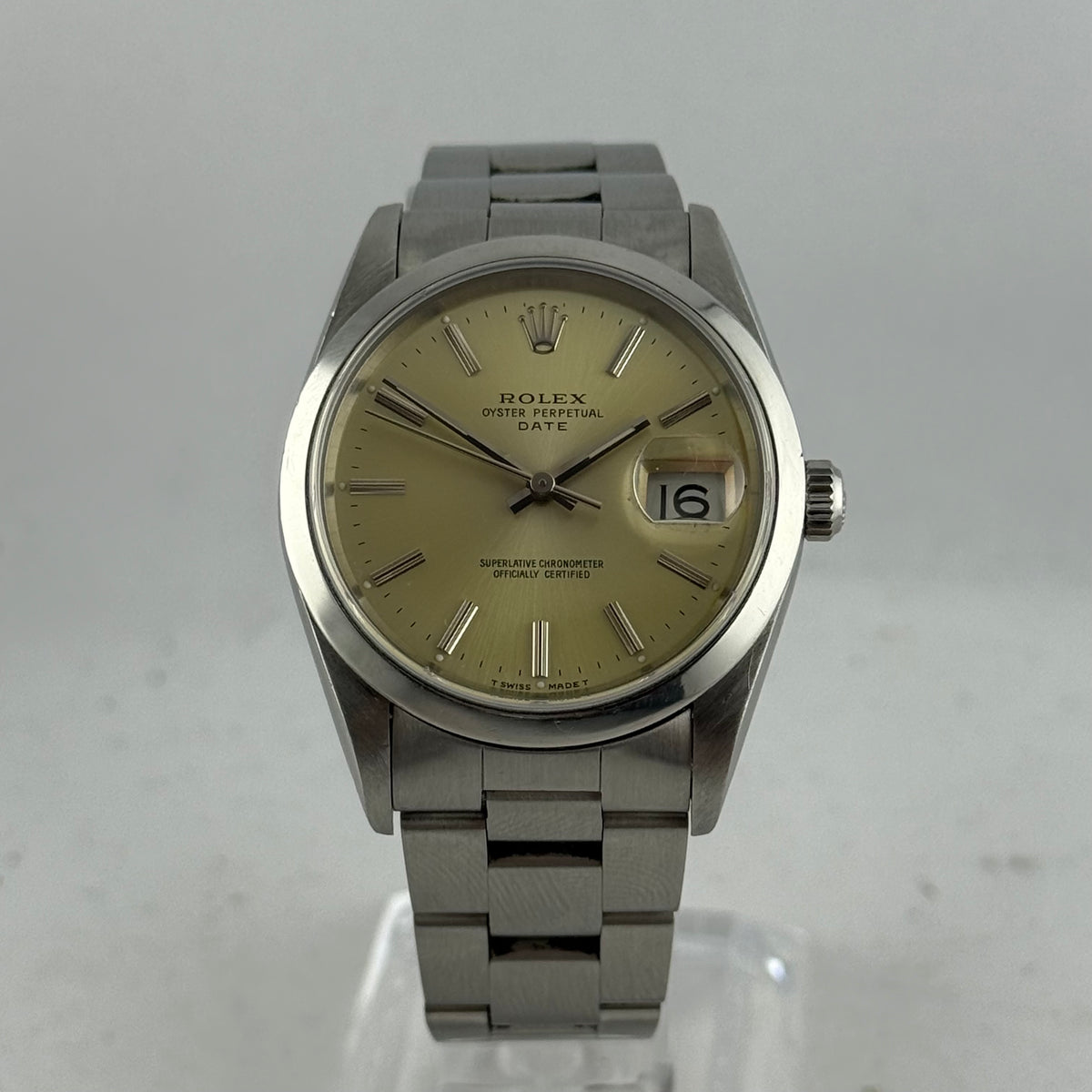 1990 Rolex Oyster Perpetual Date men’s steel champagne dial watch boxed