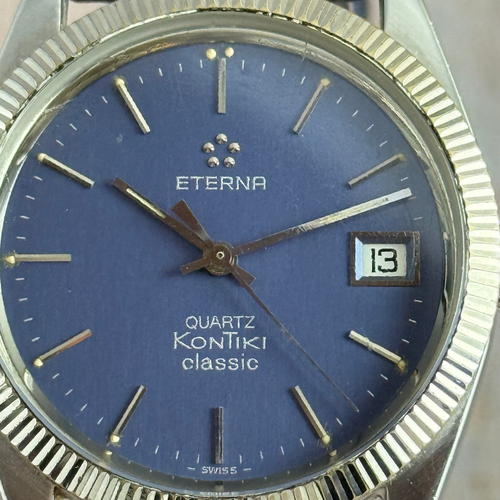Vintage Eterna KonTiki Classic Quartz Blue Dial Men’s Watch 35mm Working