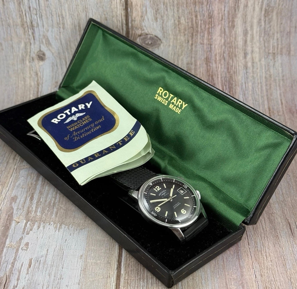 RARE VINTAGE ROTARY COMPRESSOR DIVER MEN WRISTWATCH 1960s Box & Papers 36mm