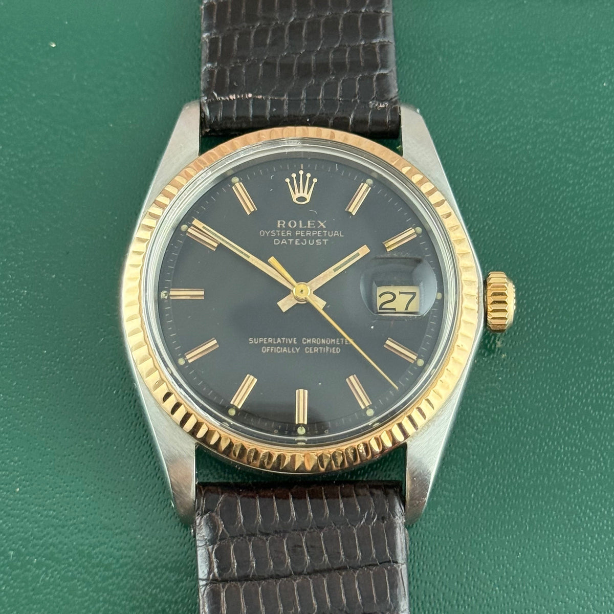 1974 Rolex Datejust 36 pink gold bi metal men’s wrist watch 1601 ‘black dial’ boxed