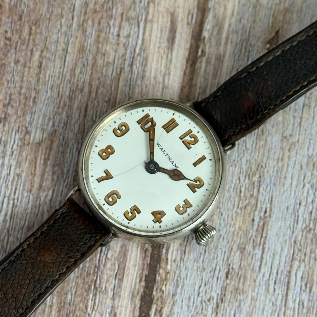 1910s Waltham Officers Trench wrist watch .925 solid silver case military style