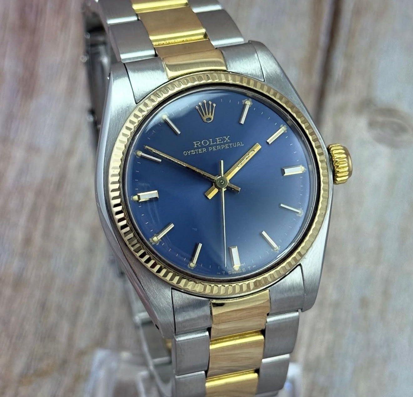 Vintage Rolex oyster perpetual 31 ladies gold & steel watch blue dial