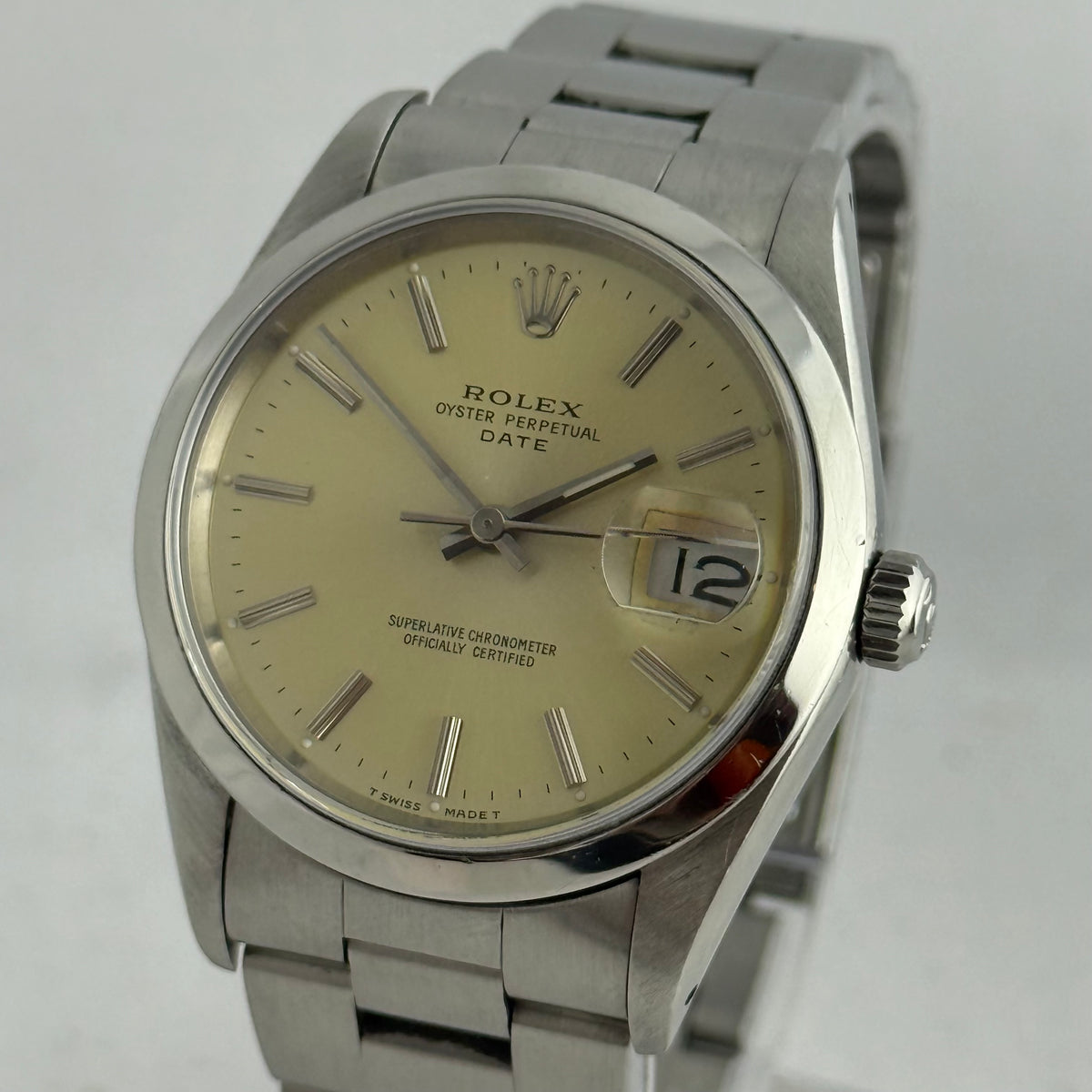 1990 Rolex Oyster Perpetual Date men’s steel champagne dial watch boxed