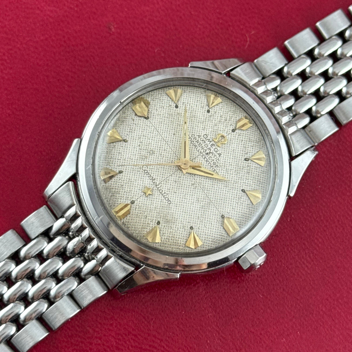 1952 Omega Constellation automatic ‘honeycomb’ dial men’s wrist watch 35mm steel boxed