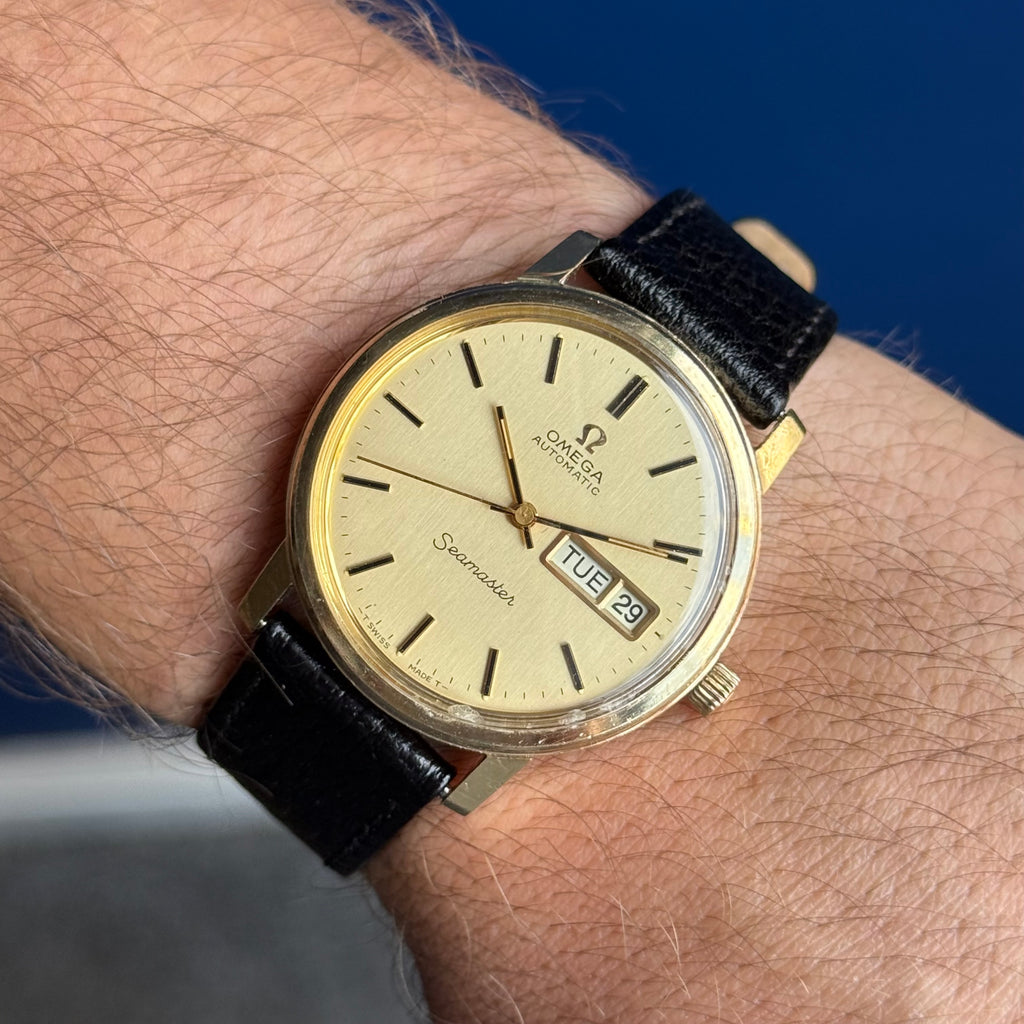 Vintage Omega Seamaster automatic men’s day-date wrist watch gold plated SERVICED