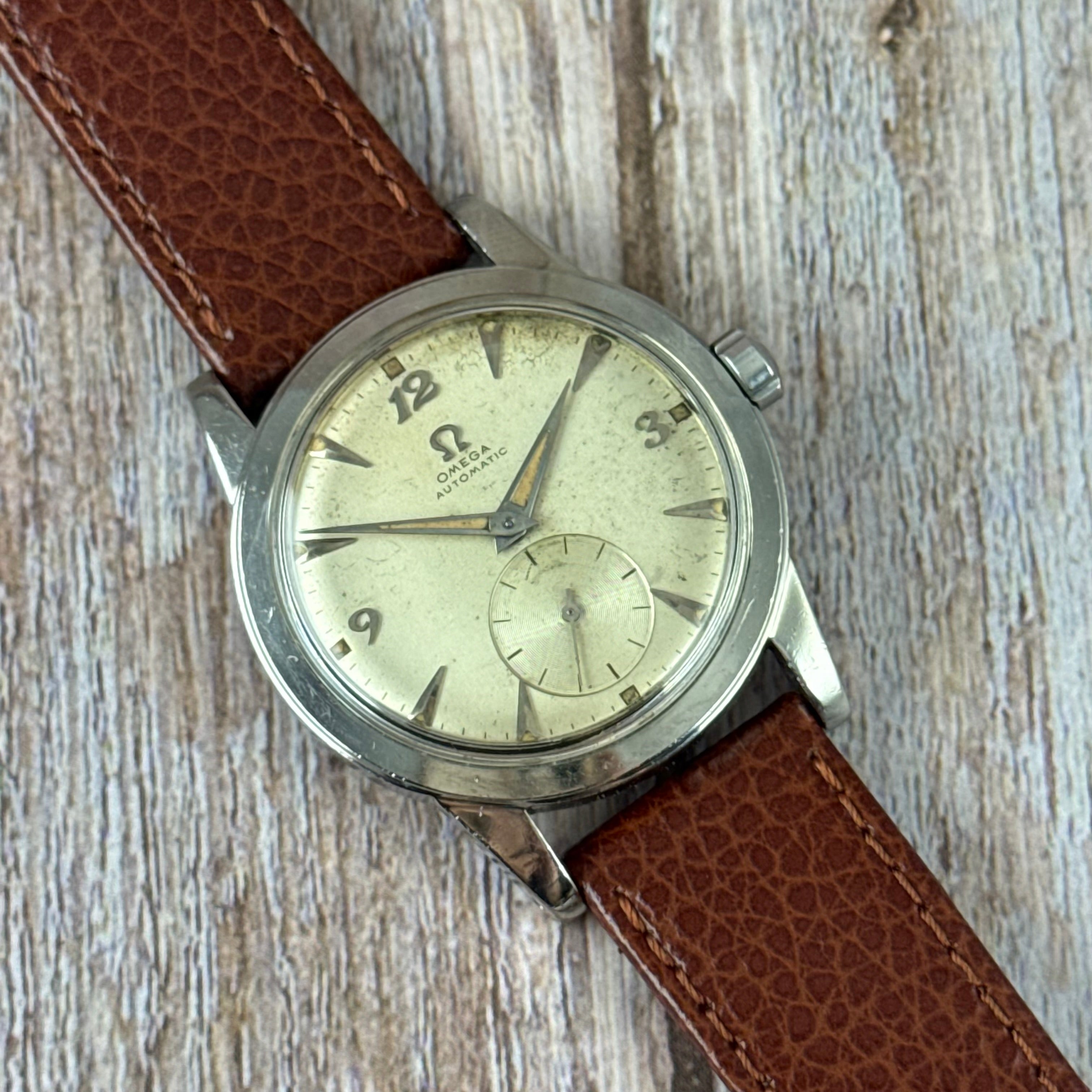 1950 Omega Seamaster “bumper” automatic breguet numerals men’s watch 35mm