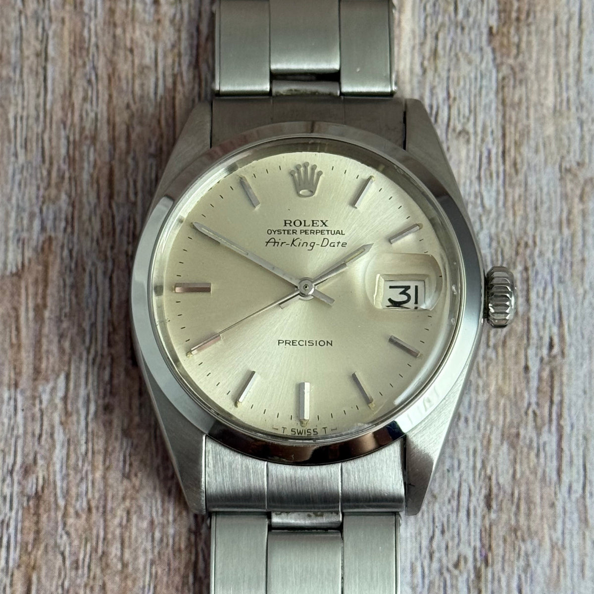 1971 Rolex Air King Date precision men’s steel automatic wrist watch 35mm (5700)