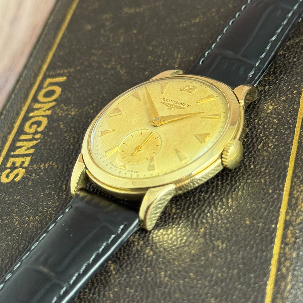 9ct gold Longines gentlemen’s manual wind wrist watch 1950s boxed