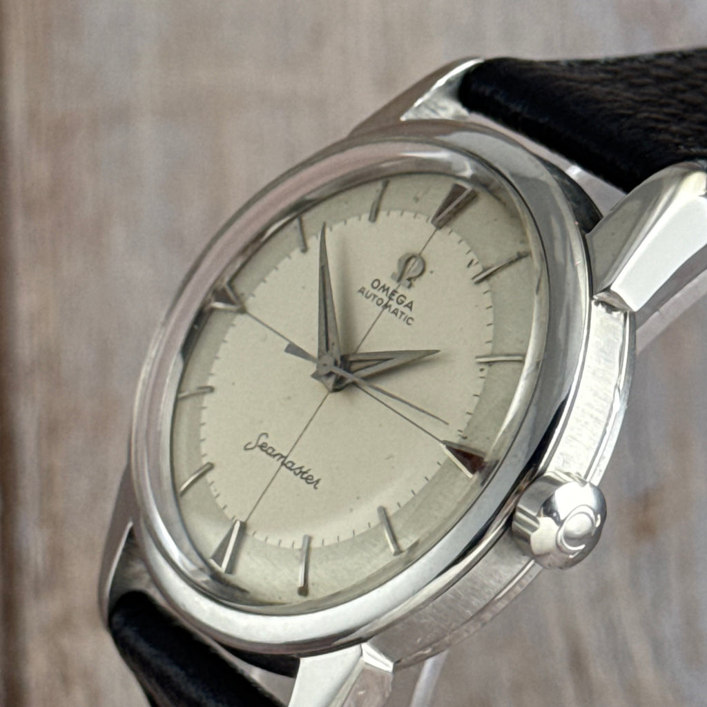 1958 Omega Seamaster automatic men’s cross-hair wrist watch two tone dial steel