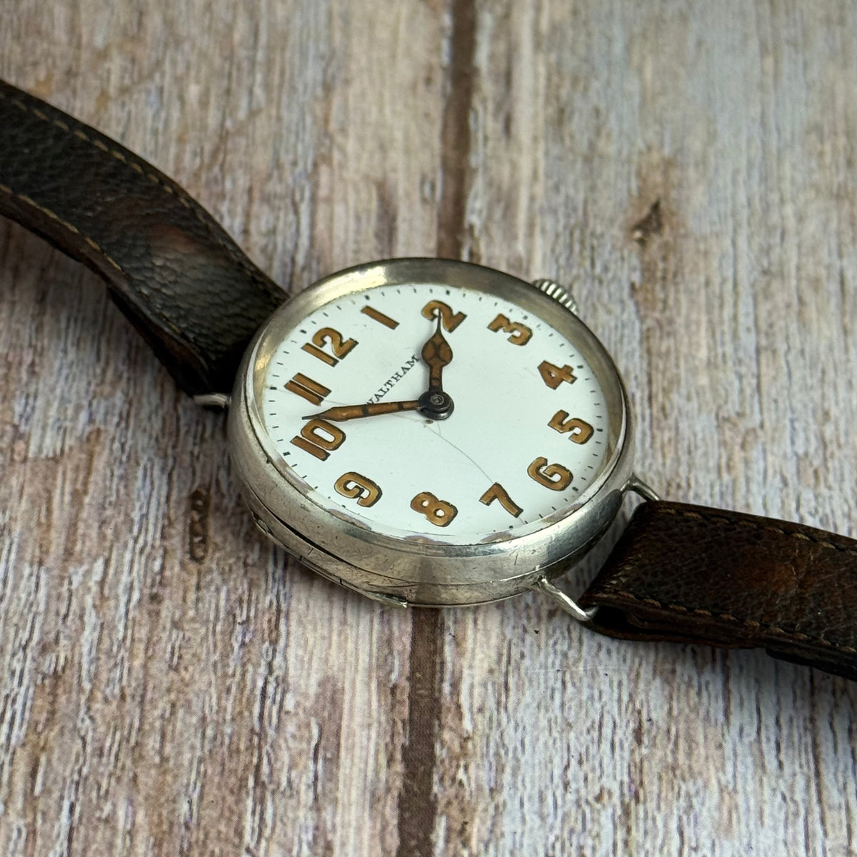 1910s Waltham Officers Trench wrist watch .925 solid silver case military style