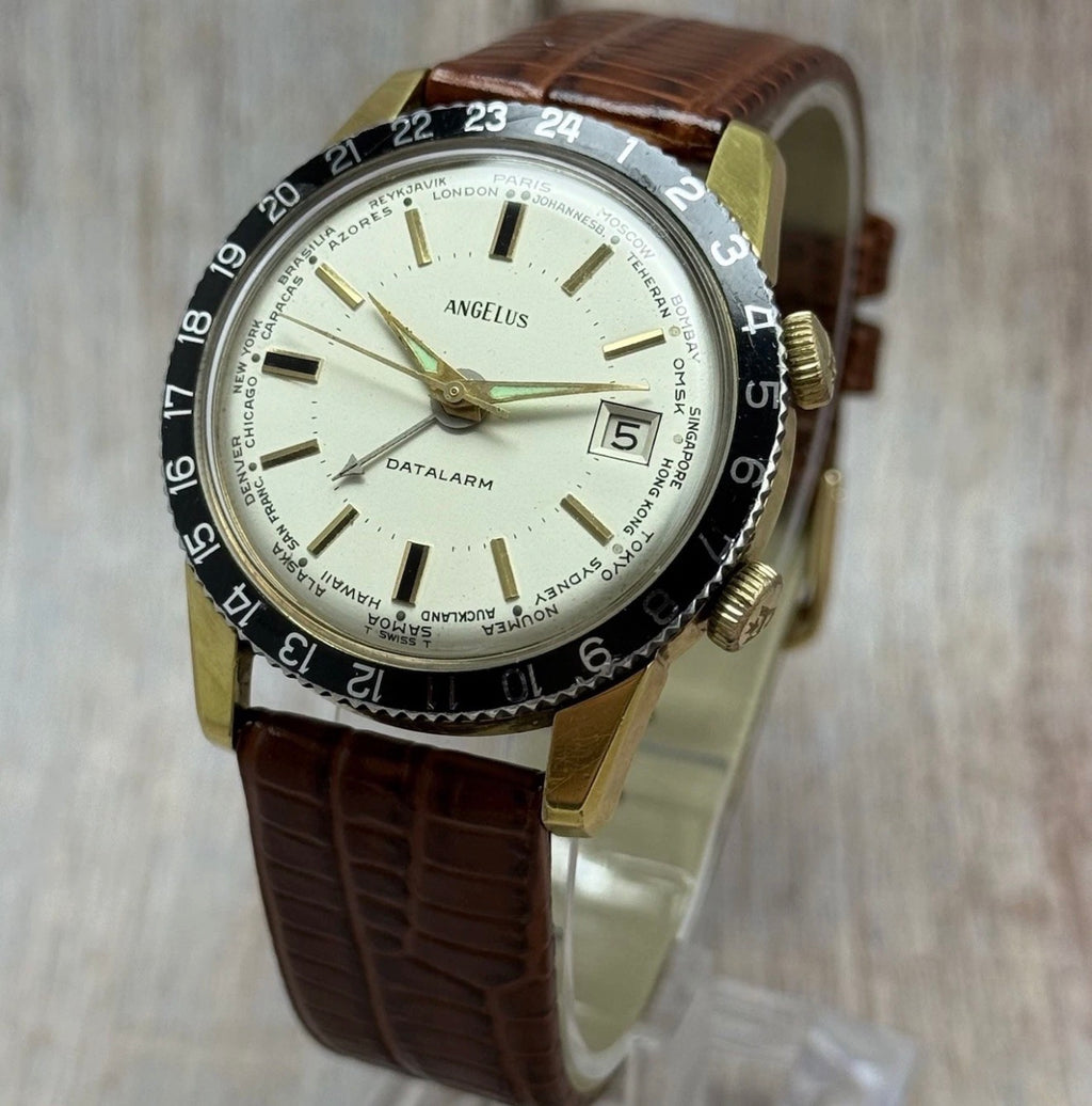 Vintage Angelus Datalarm Manual Wind Men’s World Time Watch 24hr  Bezel 35mm