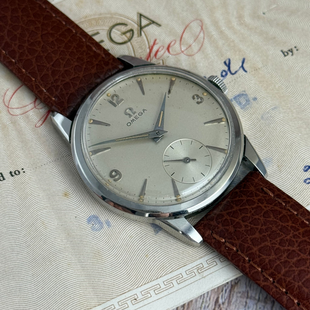 1958 Omega gentlemen’s steel wrist watch manual wind 34mm with papers ref (13332)