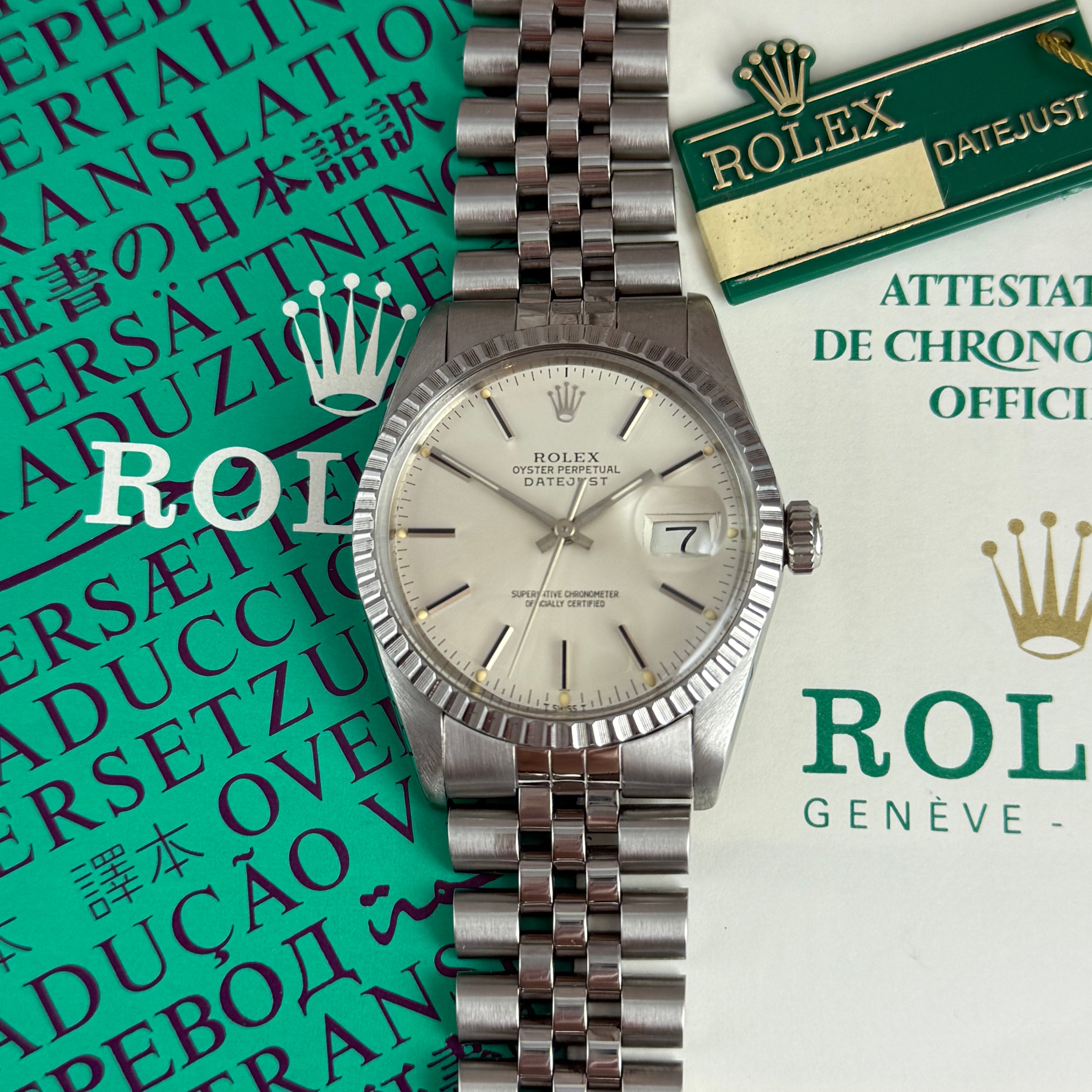 1983 Rolex Datejust 36 men’s steel wrist watch w box and papers (16030)