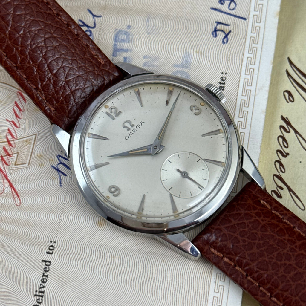 1958 Omega gentlemen’s steel wrist watch manual wind 34mm with papers ref (13332)