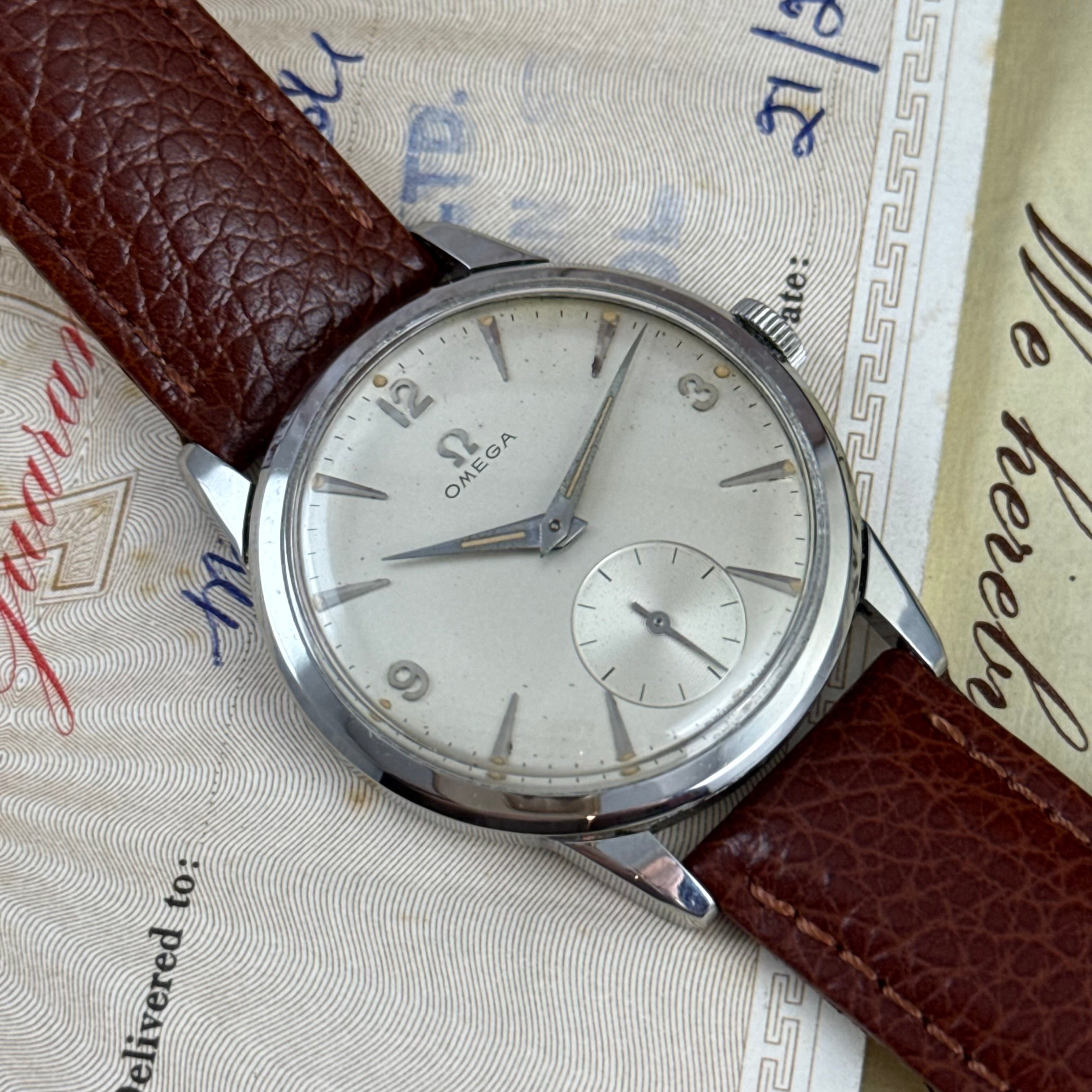 1958 Omega gentlemen’s steel wrist watch manual wind 34mm with papers ref (13332)